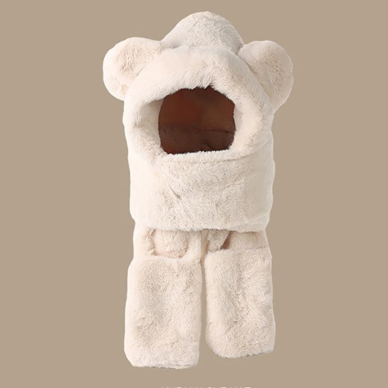 Winter Warm Plush Fleece 3-in-1 Bear Ear Hooded Cap Scarf Gloves Set Windproof Outdoor Accessories for Cold Weather
