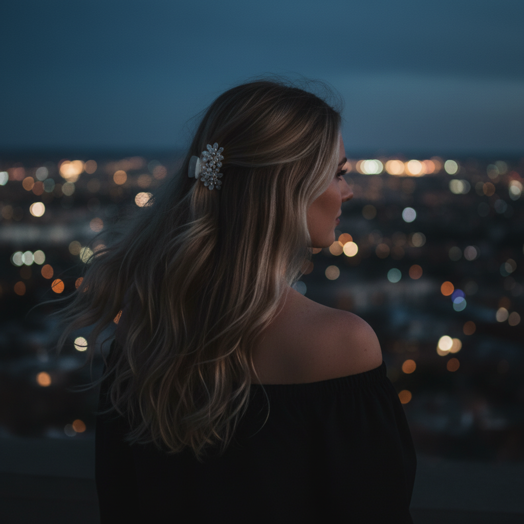 not looking at me towards the city, and blonde haired girl with fare skin, with a flower hair clip